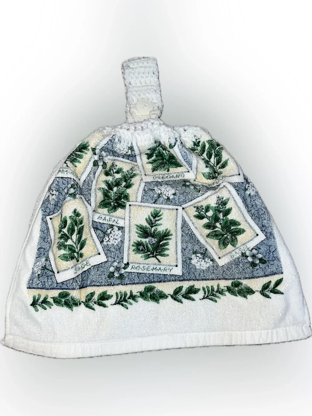 🔴Vintage Herb Print Hanging Kitchen Towel White Green Crochet Button Handmade
